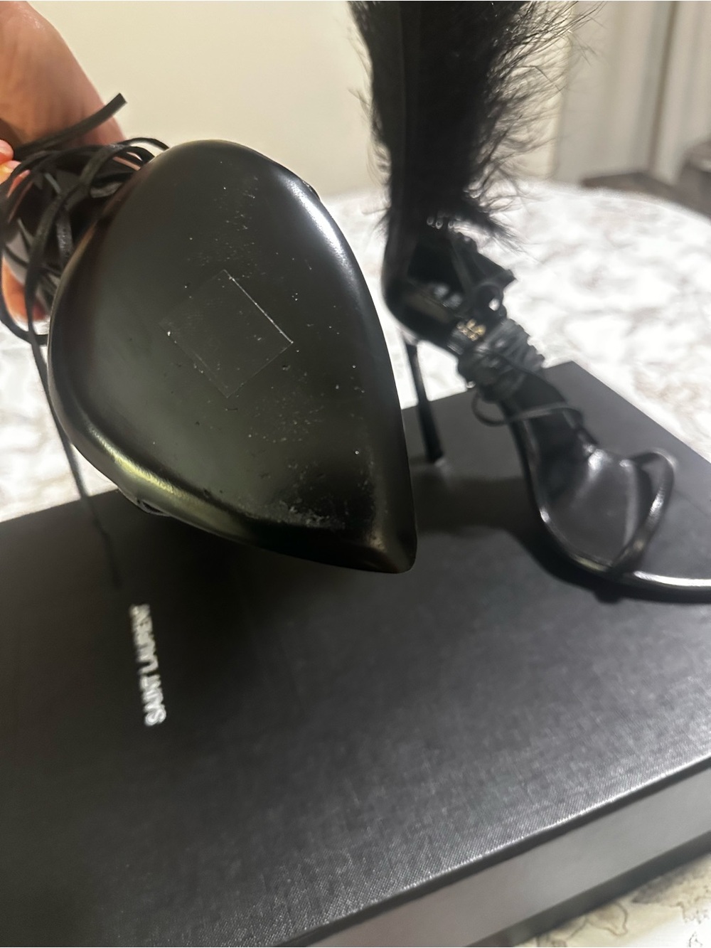 Saint Laurent Black Feather-Tie Stiletto Sandals